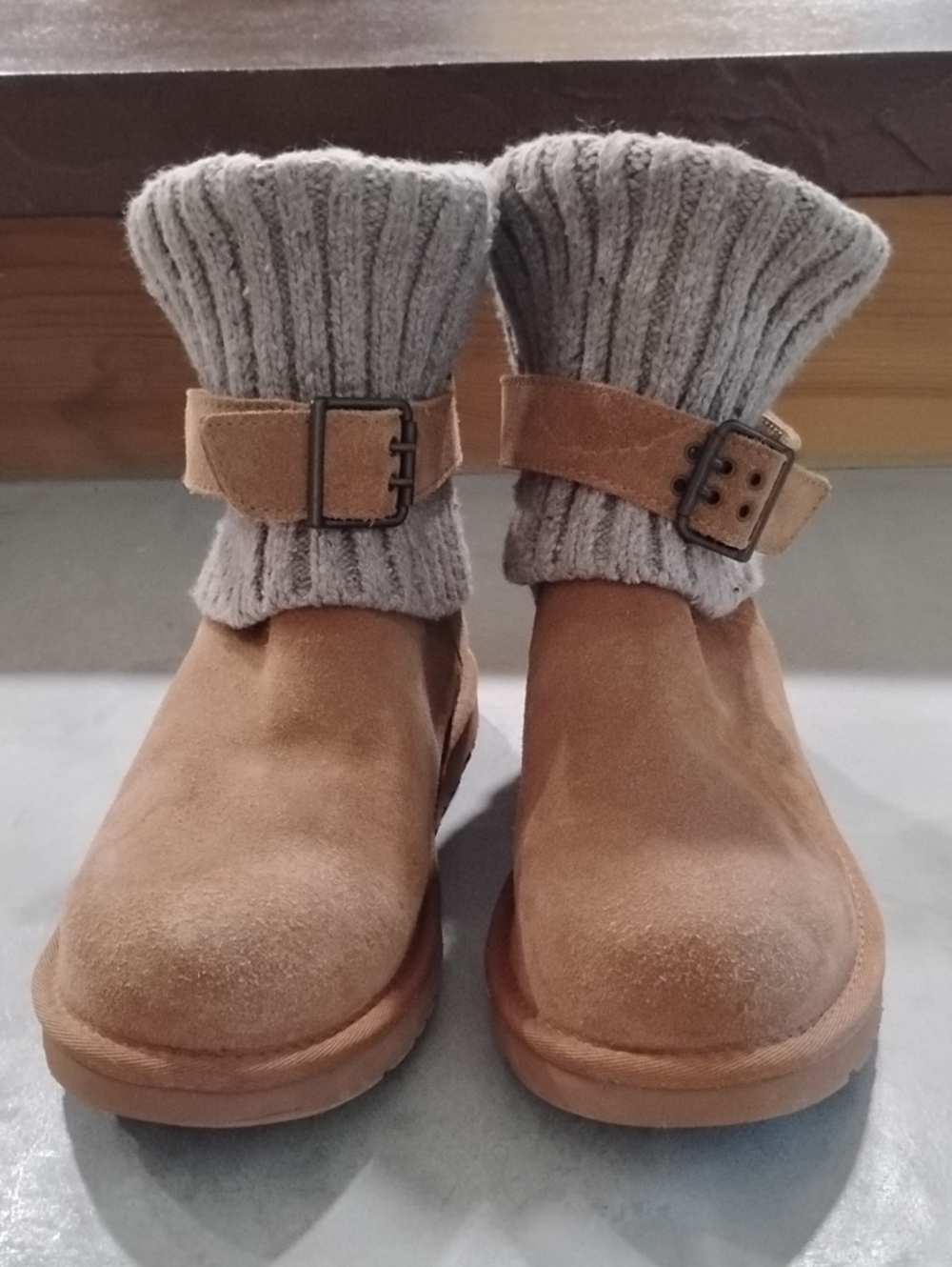 UGG Women's Tan Suede Ankle Boots with Gray Knit Cuff